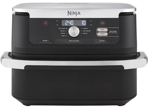 Air Fryer Ninja Foodi Flex AF500EU noir, vue de face avec panneau de commande DualZone, zones 1 et 2 et MegaZone